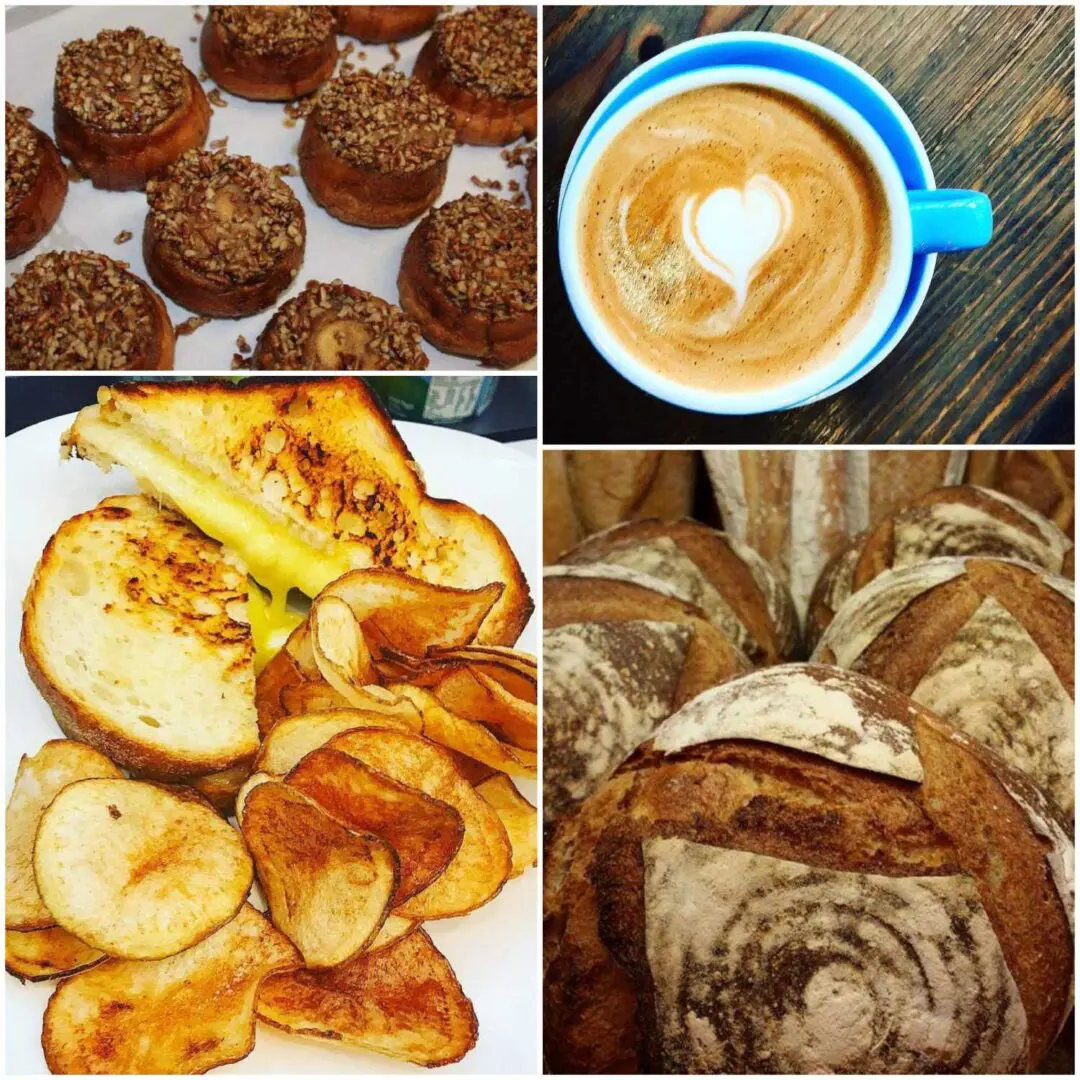 A collage of different foods including muffins, apples and bread.